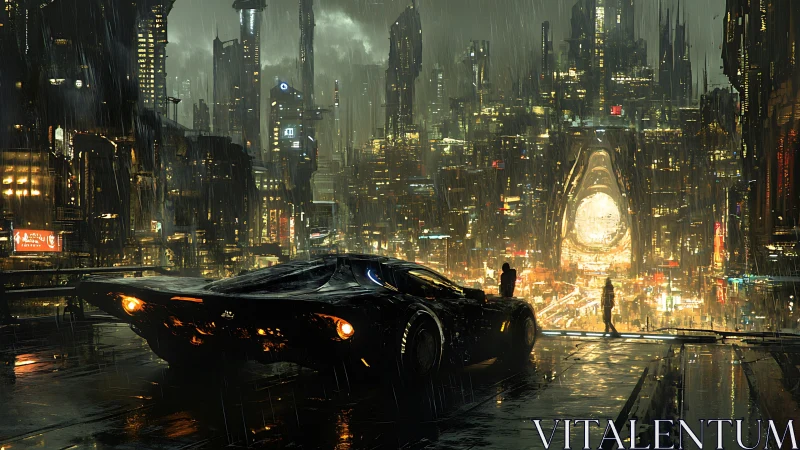 Sleek cyberpunk car overlooks neon megacity in the rain.