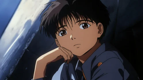 Teen boy in anime style rests head on hand, looking away