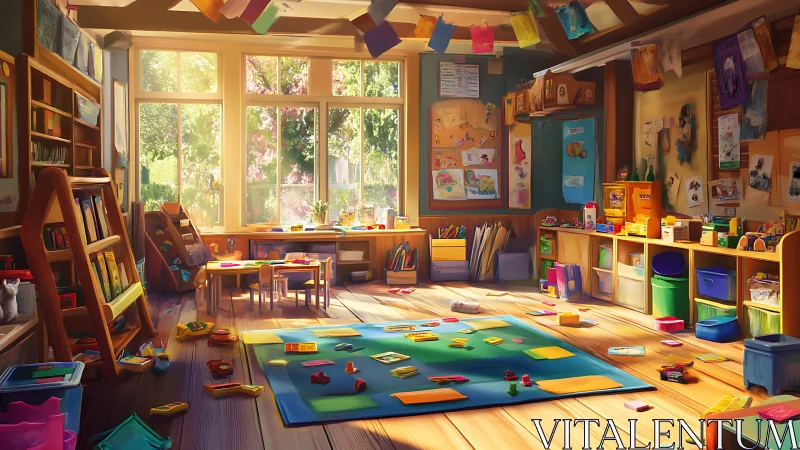 Sunny preschool classroom glows with playful learning energy