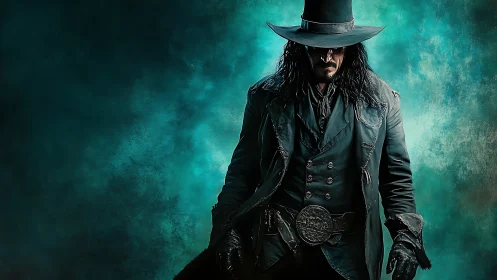 Dark coated gunslinger stands against teal smoky backdrop