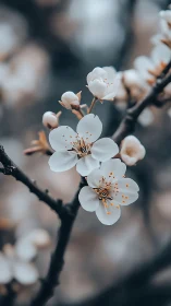 White blossoms on dark branch with unfocused background.