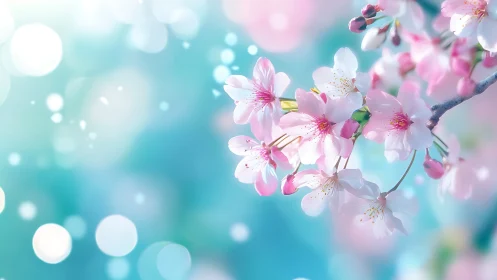 Pink Cherry Blossoms Against Soft Turquoise Bokeh.