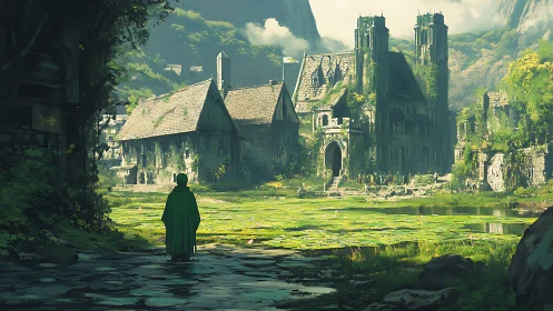 Cloaked figure facing ivy-covered lakeside stone abbey.