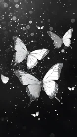 Monochrome butterflies drifting through luminous bokeh night.