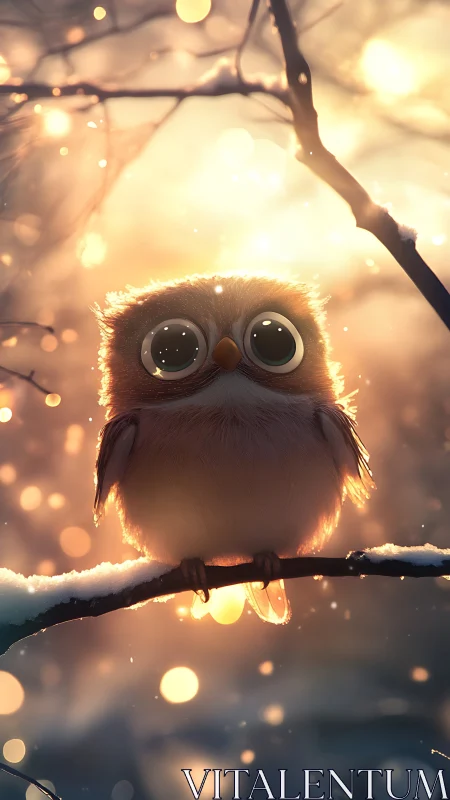 Digital owl character on snowy branch in backlit winter scene.