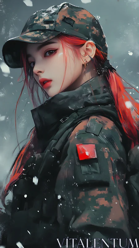 Digital soldier portrait with red hair in winter setting.