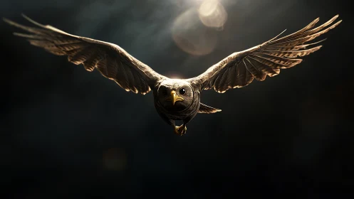 Majestic Eagle in Flight with Dramatic Lighting, Photorealistic Style.