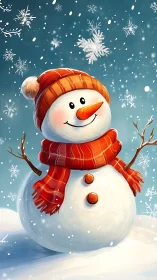 Digital painting of snowman with scarf and dynamic snowfall.