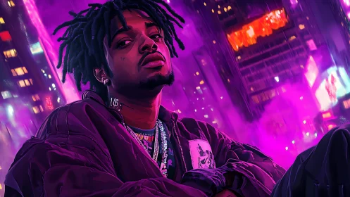 Neon purple night swagger in a rain misted cityscape.