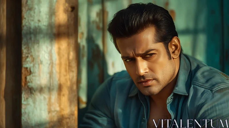 Man in teal shirt against weathered teal wooden wall background.