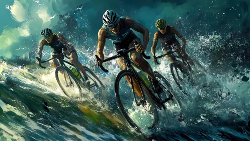 Dynamic triathlete cyclists cut through turbulent water spray at speed