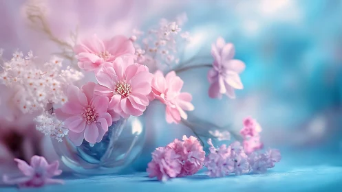 Pink Dahlias and Delicate Blooms in Soft Focus Garden Arrangement