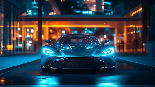 Neon blue supercar prowls through glowing midnight city streets.