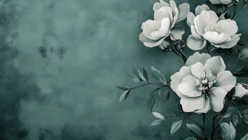 White Peonies on Textured Teal Background