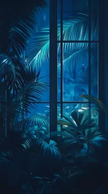 Moonlit greenhouse window wrapped in lush teal leaves.