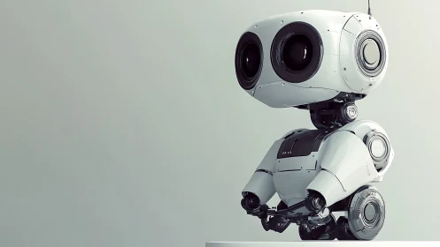 Small white biped robot stands on platform against plain background