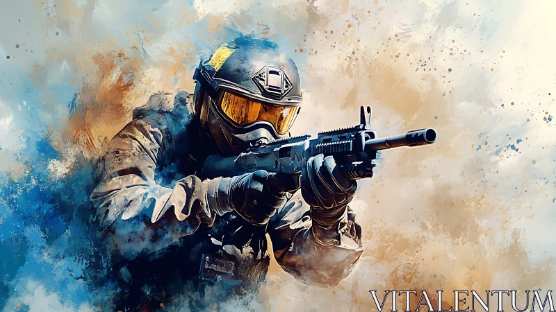 Brushstrokes freeze a tactical soldier mid digital firestorm