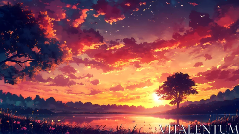 Sunset sky illuminates lakeside trees and reflective water