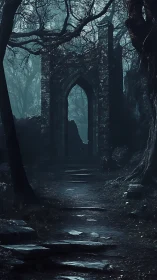 Gothic stone archway in misted forest pathway at dusk.