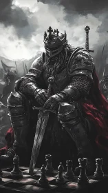 Armored war king broods over a stormlit battlefield chessboard