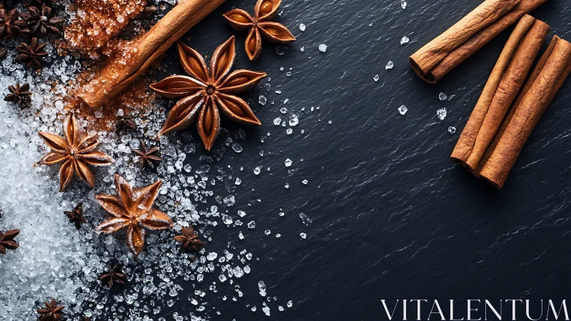 Star anise, cinnamon sticks and sugar on dark slate background.