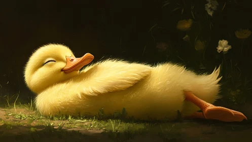 Sunlit duckling in peaceful garden slumber, softly glowing.