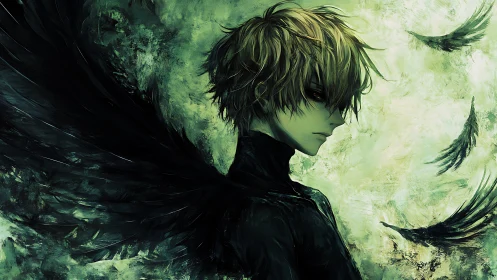 Brooding winged wanderer resting between light and shadow.