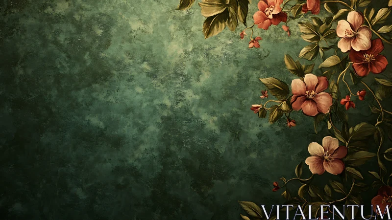 Vintage florals bloom across distressed green canvas wall.