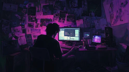 Lone coder at night in neon lit, cluttered workspace.