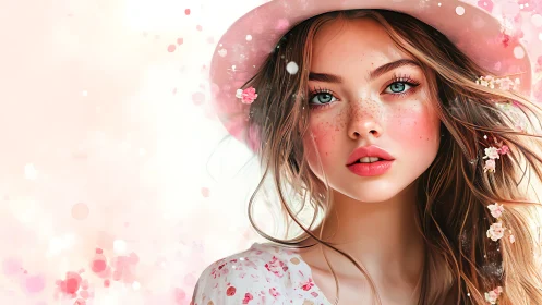 Gentle spring portrait of a freckled girl in soft pink hues.