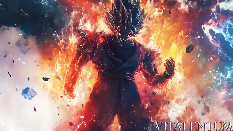 Silhouetted anime fighter amid dual-toned energy field.