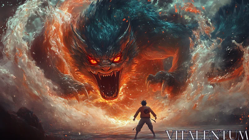Fiery tailed beast confronted by lone warrior at shore.