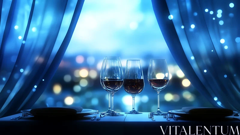 Trio of wine glasses on table by window, blue bokeh night