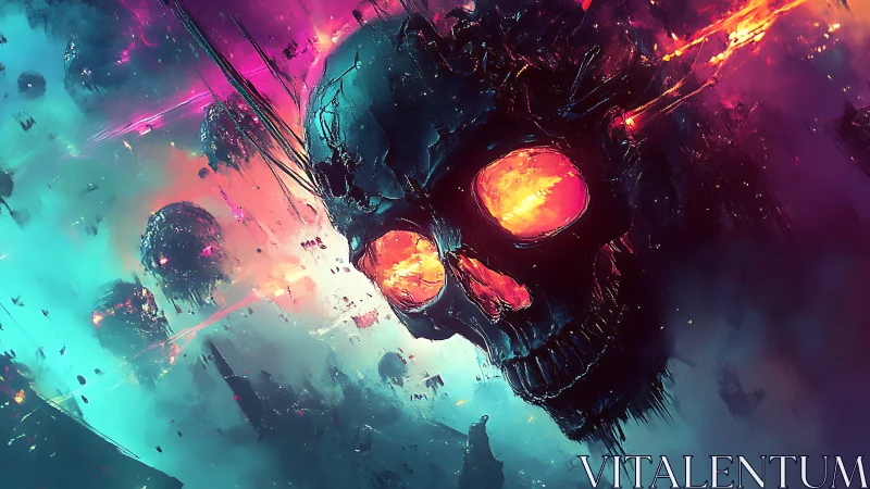 Flaming cyber skull drifts through neon cosmic battlefield