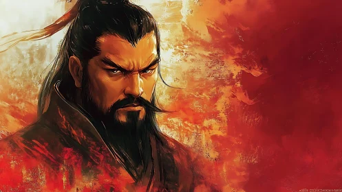 Warrior portrait against abstract red and orange backdrop.