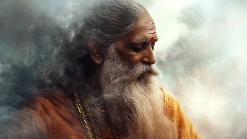 Soft curling smoke crowns a serene sage in quiet light