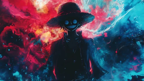 Silhouetted straw-hatted figure amid bifurcated nebula storm