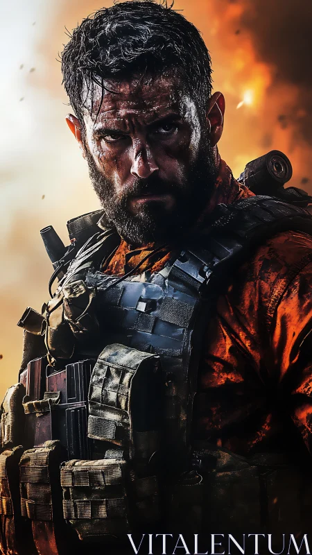 Battle-hardened soldier amid blazing battlefield inferno.