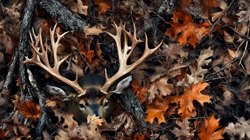 Majestic stag’s antlers emerge from rich autumn forest floor