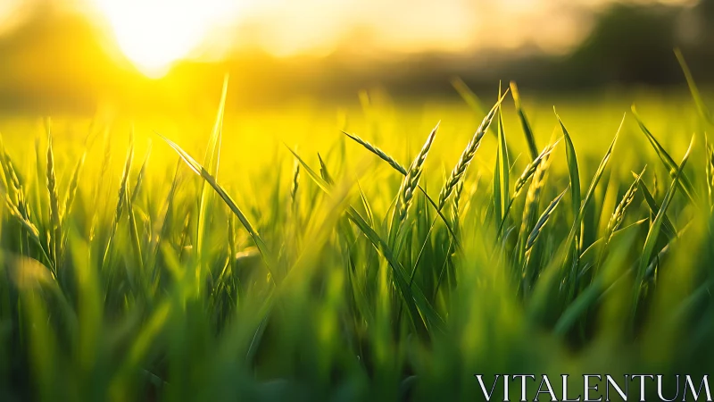 Photorealistic dawn-lit cereal blades in shallow-focus field.