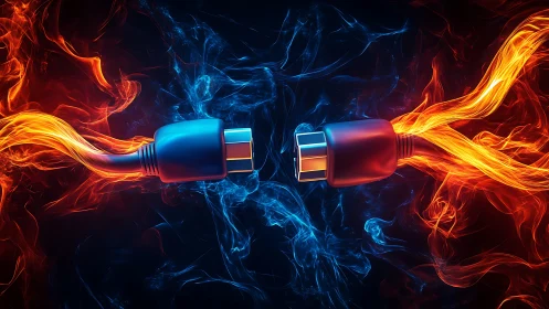 High-voltage plasma connectors with opposing blue and orange energy discharge.