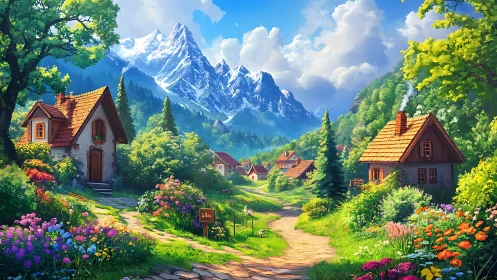 Sunny storybook village cradled in bright alpine blooms.