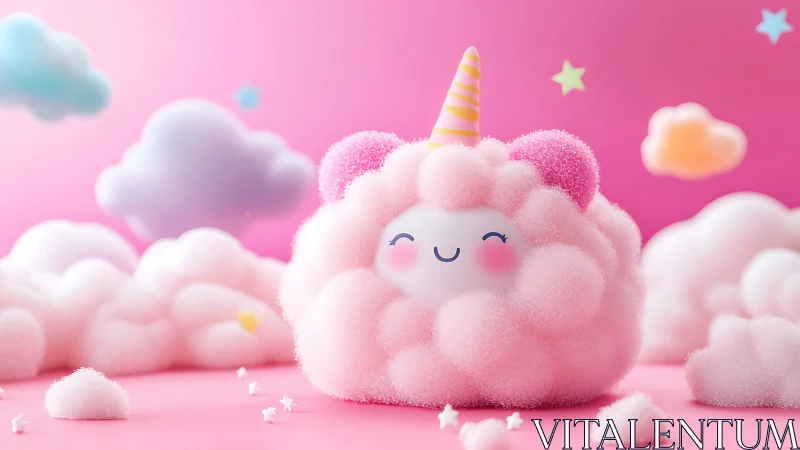 Pink cloud unicorn character in cute fantasy landscape.