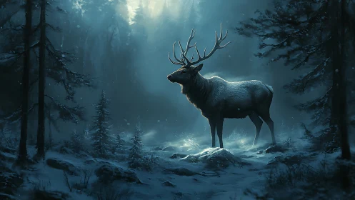 Majestic stag stands in moonlit, snow-laden forest clearing.