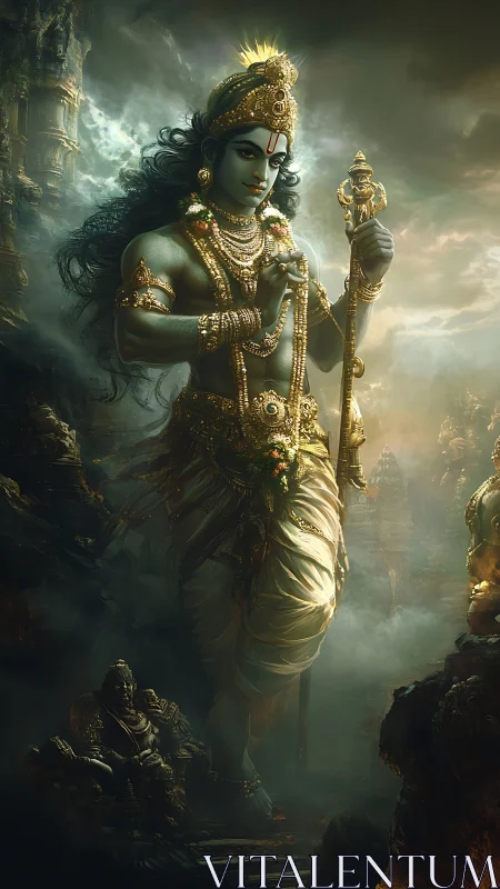 Divine warrior striding through misted temple ruins at dusk.