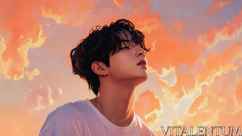 Soft sunset sky embraces a dreamy youth in warm light