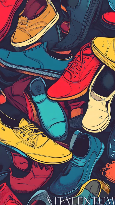 Multicolored casual shoes arranged in overlapping composition.
