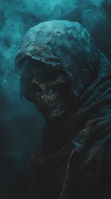 Hooded skeletal reaper emerges from swirling blue fog.