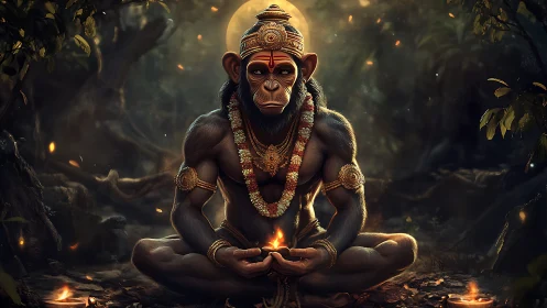 Mythic meditating simian deity with garlands and diya flame
