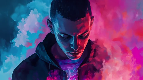 Moody portrait glowing in dreamy pink and blue clouds.